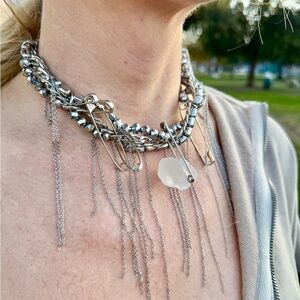 Silver Punk Chain Choker with Crystal & Safety Pins – Handmade